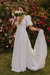 White Puff Sleeves Plunge Neck Long Wedding Dress